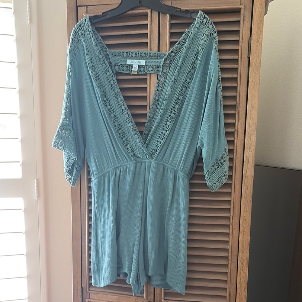 Deep V Lace-Trim Teal Women’s Romper